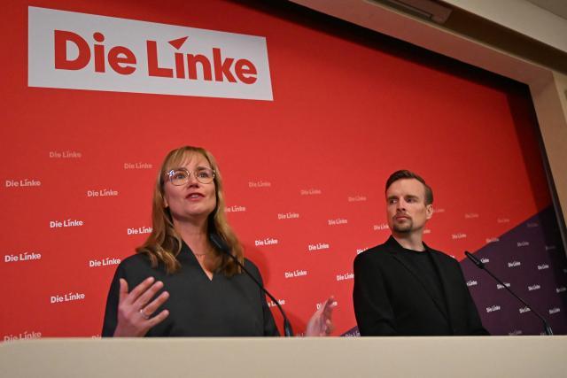 24 August 2026, Berlin: Janis Ehling, federal executive director of Die Linke, and Eva von Angern, chair of the Die Linke parliamentary group in Saxony-Anhalt and the party's top candidate for the 2026 state election in Saxony-Anhalt, are holding a press conference following their party's committee meetings. Photo: Michael Brandt/dpa