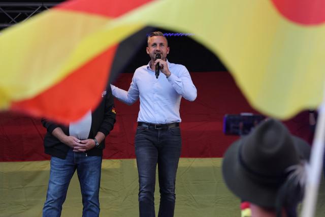 24 August 2026, Saxony-Anhalt, Naumburg (Saale): Ulrich Siegmund, the Alternative for Germany (AfD) top candidate for the state election in Saxony-Anhalt, speaks at a campaign rally in the market square. Photo: Jan Woitas/dpa