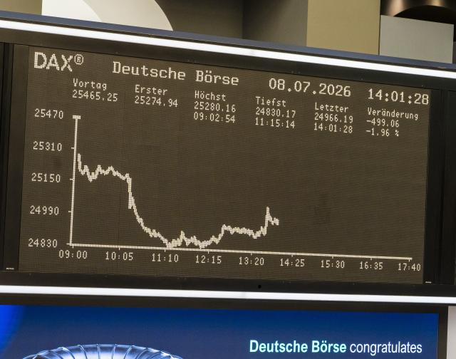 FILED - 08 July 2026, Hesse, Frankfurt am Main: FILE PHOTO - The DAX benchmark index is visible in the trading floor of the Frankfurt Stock Exchange. Photo: Andreas Arnold/dpa