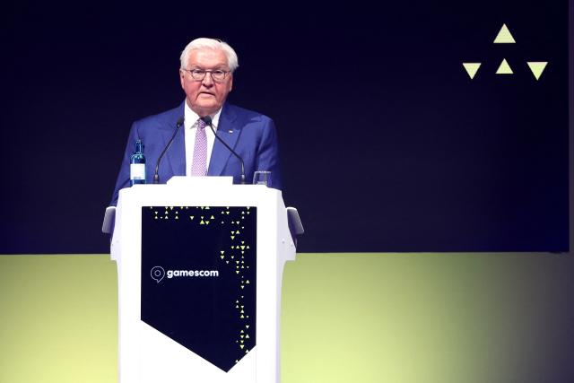 27 August 2026, North Rhine-Westphalia, Cologne: German President Frank-Walter Steinmeier speaks during a panel discussion at Gamescom, the world's largest computer and video game trade show. Photo: Christoph Reichwein/dpa
