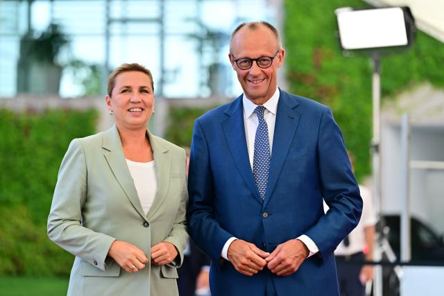 27 August 2026, Berlin: Chancellor Friedrich Merz (R) welcomes Mette Frederiksen, Prime Minister of Denmark, to a small EU summit on budget planning at the Federal Chancellery. At the Federal Chancellery in Berlin, the Chancellor is bringing together the heads of state and government of the countries that want to significantly reduce the budget proposal put forward by the European Commission for the years 2028 through 2034. Photo: Sebastian Gollnow/dpa