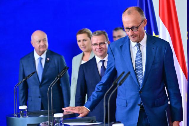 27 August 2026, Berlin: (R-L) Germany's Chancellor Friedrich Merz, Finland's Prime Minister Petteri Orpo, Denmark's Prime Minister Mette Frederiksen, and Austria's Chancellor Christian Stocker arrive at the Chancellery for a press conference as part of a small EU summit on budget planning. At the Chancellery in Berlin, Merz is bringing together the leaders of countries that want to significantly reduce the European Commission's proposed budget for 2028-2034. Photo: Sebastian Gollnow/dpa