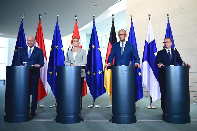 27 August 2026, Berlin: (L-R) Austria's Chancellor Christian Stocker, Denmark's Prime Minister Mette Frederiksen, Germany's Chancellor Friedrich Merz, and Finland's Prime Minister Petteri Orpo attend a press conference as part of a small EU summit on budget planning, at the Chancellery in Berlin. Merz is gathering the leaders of countries that want to significantly reduce the European Commission's proposed budget for 2028-2034. Photo: Sebastian Gollnow/dpa
