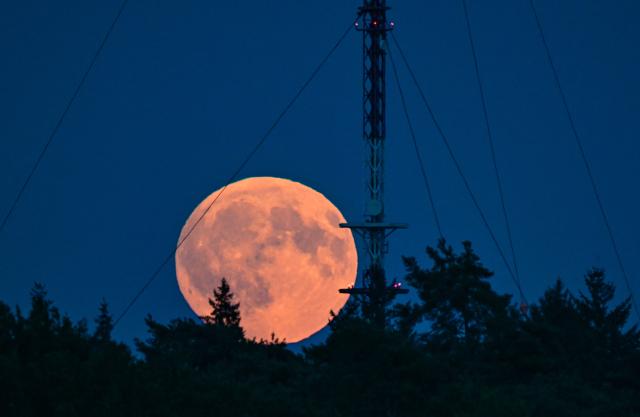 27 August 2026, Brandenburg, Sieversdorf: The waxing moon shines over a forest with a radio tower in the evening. Photo: Patrick Pleul/dpa