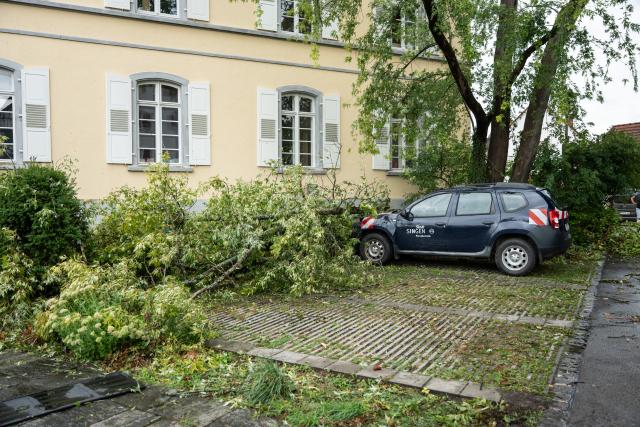 28 August 2026, Baden-Wuerttemberg, Singen: A tree is lying on top of a car in the Bohlingen neighborhood of the Constance district following severe storms. Photo: Silas Stein/dpa