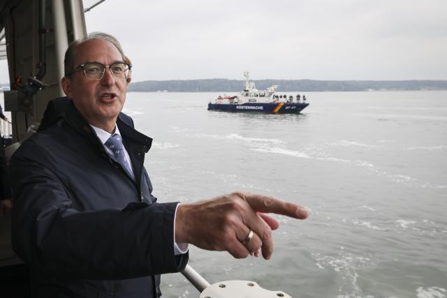 28 August 2026, Schleswig-Holstein, Flensburg: German Minister of the Interior Alexander Dobrindt takes part in a tour of the patrol vessel "BP 82 Bamberg" during the Baltic Sea Security Summit at the Muerwik Naval Academy. Photo: Christian Charisius/dpa-Pool/dpa