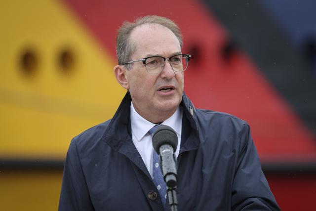 28 August 2026, Schleswig-Holstein, Flensburg: German Minister of the Interior Alexander Dobrindt delivers closing remarks in front of the patrol vessel "BP 82 Bamberg" during the Baltic Sea Security Summit at the Muerwik Naval Academy. Photo: Christian Charisius/dpa