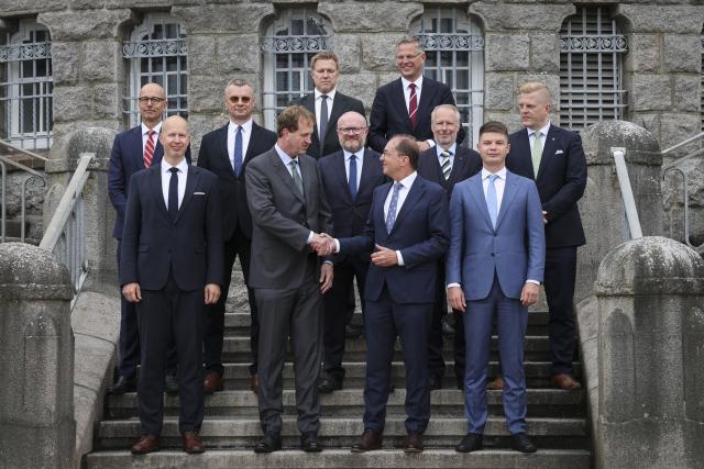 28 August 2026, Schleswig-Holstein, Flensburg: (Front, L-R) Estonian Minister of the Interior Igor Taro, Irish Minister for Justice, Home Affairs, and Migration Jim O'Callaghan, German Minister of the Interior Alexander Dobrindt, Lithuanian Minister of the Interior Martynas Katelynas and other state secretaries from the Baltic Sea states, pose for a group photo during the Baltic Sea Security Summit in front of the Muerwik Naval Academy. Photo: Christian Charisius/dpa