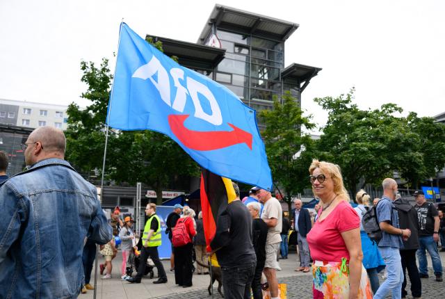 28 August 2026, Berlin: Attendees stand during an Alternative for Germany (AfD) campaign rally in Berlin-Lichtenberg. Photo: Bernd von Jutrczenka/dpa
