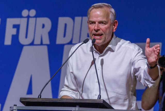 28 August 2026, Mecklenburg-Western Pomerania, Grimmen: Alternative for Germany (AfD) top candidate for the state election in Mecklenburg-Western Pomerania Leif-Erik Holm, , speaks  on stage during a campaign event ahead of the state election in Mecklenburg-Western Pomerania. Photo: Jens Büttner/dpa