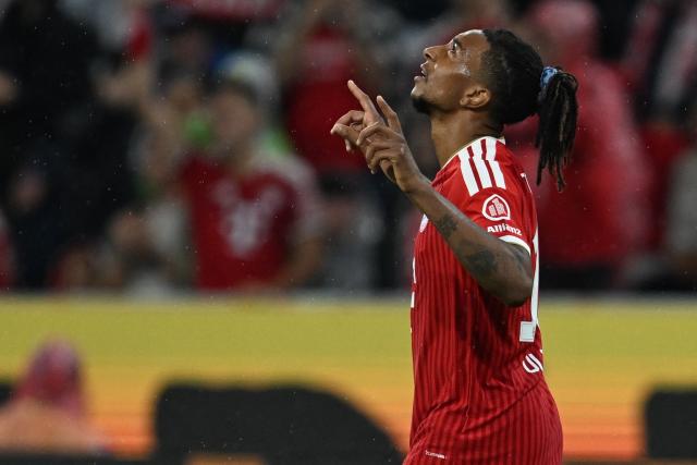28 August 2026, Bavaria, Munich: Bayern Munich's Michael Olise celebrates scoring his side's second goal during the German Bundesliga soccer match between FC Bayern Munich and VfB Stuttgart at Allianz Arena. Photo: Sven Hoppe/dpa - WICHTIGER HINWEIS: Gemäß den Vorgaben der Bundesliga bzw. des DFB Deutscher Fußball-Bund ist es untersagt, in dem Stadion und/oder vom Spiel angefertigte Fotoaufnahmen in Form von Sequenzbildern und/oder videoähnlichen Fotostrecken zu verwerten bzw. verwerten zu lassen.