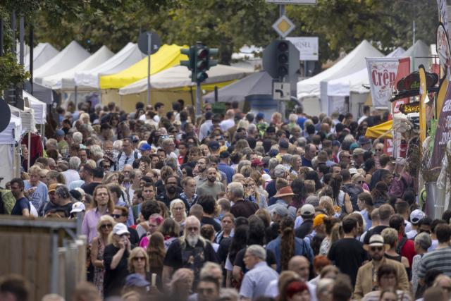 29 August 2026, Hesse, Frankfurt/M.: People stroll past booths along the banks of the Main River during the Museum Embankment Festival in Frankfurt. Along both banks of the Main, 28 museums keep their doors open late into the night, accompanied by a massive open-air program. Photo: Helmut Fricke/dpa