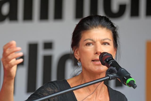 29 August 2026, Saxony-Anhalt, Halberstadt: Sahra Wagenknecht, Founder and national chair of the Sahra Wagenknecht Alliance (BSW), speaks on stage at her party's campaign rally. Photo: Matthias Bein/dpa