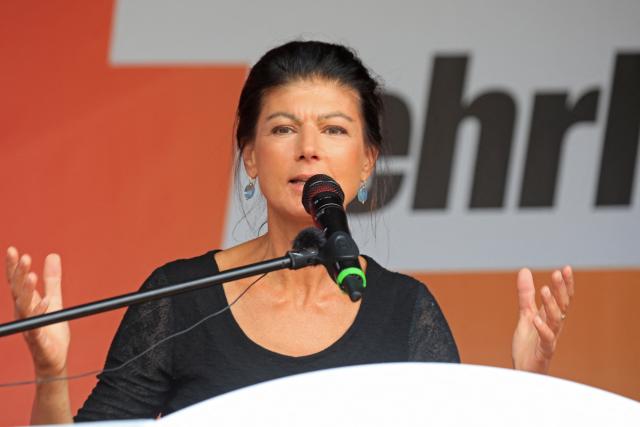 29 August 2026, Saxony-Anhalt, Halberstadt: Sahra Wagenknecht, Founder and national chair of the Sahra Wagenknecht Alliance (BSW), speaks on stage at her party's campaign rally. Photo: Matthias Bein/dpa