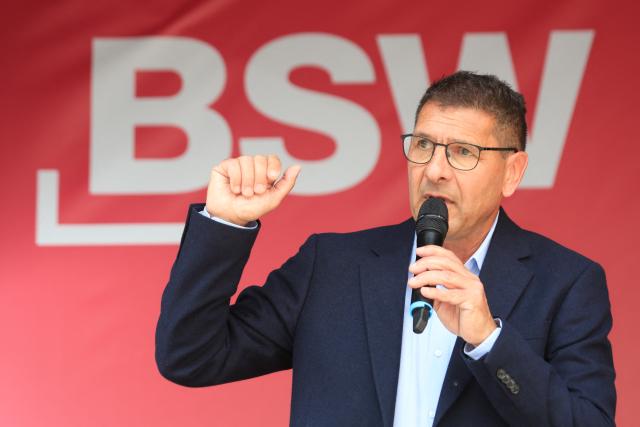 29 August 2026, Saxony-Anhalt, Halberstadt: Sahra Wagenknecht Alliance (BSW) lead candidate Thomas Schulze speaks at one of her party's campaign events. Photo: Matthias Bein/dpa