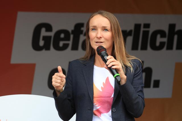 29 August 2026, Saxony-Anhalt, Halberstadt: Sahra Wagenknecht Alliance (BSW) lead candidate Claudia Wittig speaks at one of her party's campaign events. Photo: Matthias Bein/dpa