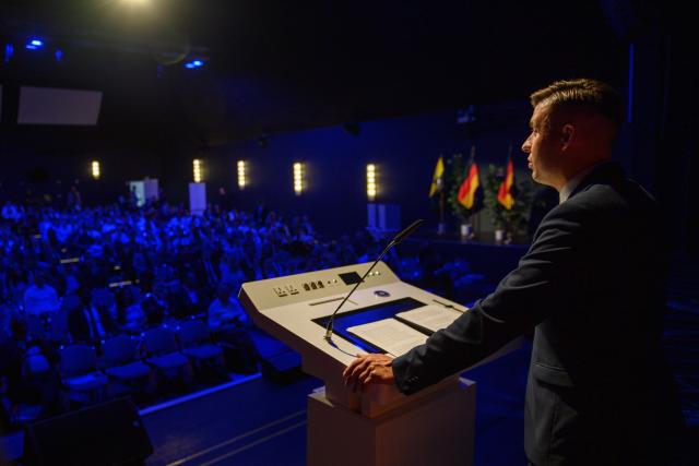 29 August 2026, Saxony-Anhalt, Magdeburg: Jean-Pascal Hohm, chairman of the Alternative for Germany (AfD) youth organization Generation Deutschland, addresses the 2nd National Congress of Generation Germany. Photo: Klaus-Dietmar Gabbert/dpa