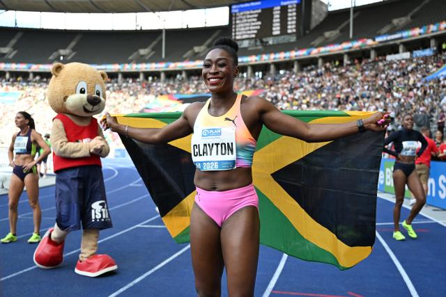 30 August 2026, Berlin: Jamaica's Rushell Clayton celebrates after competing in the Women's 400-meter hurdles race during the International Stadium Festival (ISTAF) Berlin athletic meeting at the Olympic Stadium. Photo: Elisa Schu/dpa