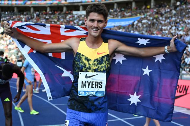 30 August 2026, Berlin: Australia's Cameron Myers celebrates after the Mens 1.500m race during the International Stadium Festival (ISTAF) Berlin athletic meeting at the Olympic Stadium. Photo: Elisa Schu/dpa