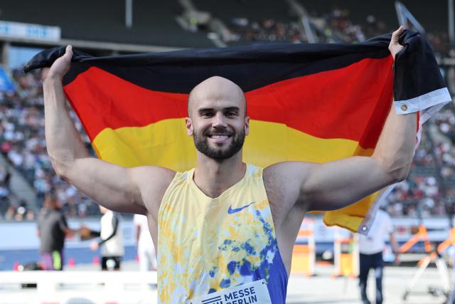30 August 2026, Berlin: Germany's Julian Weber celebrates after competing in the Men's Javelin Throw event during the International Stadium Festival (ISTAF) Berlin athletic meeting at the Olympic Stadium. Photo: Andreas Gora/dpa