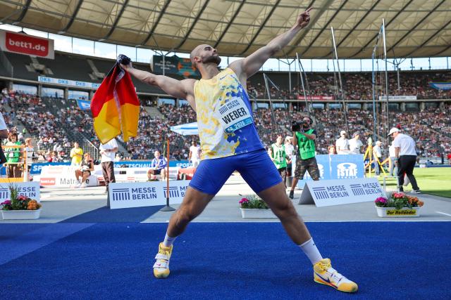30 August 2026, Berlin: Germany's Julian Weber celebrates after competing in the Men's Javelin Throw event during the International Stadium Festival (ISTAF) Berlin athletic meeting at the Olympic Stadium. Photo: Andreas Gora/dpa