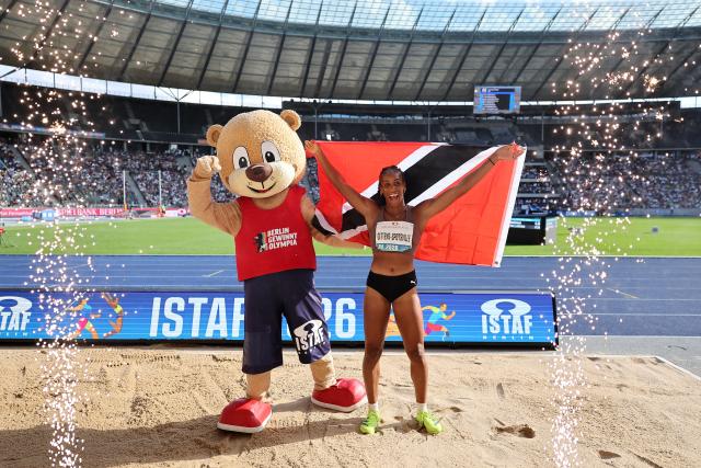 30 August 2026, Berlin: Trinidad and Tobago's Tyra Gittens celebrates after competing in the women's long jump event during the International Stadium Festival (ISTAF) Berlin athletic meeting at the Olympic Stadium. Photo: Andreas Gora/dpa