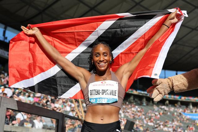 30 August 2026, Berlin: Trinidad and Tobago's Tyra Gittens celebrates after competing in the women's long jump event during the International Stadium Festival (ISTAF) Berlin athletic meeting at the Olympic Stadium. Photo: Andreas Gora/dpa