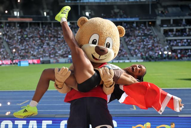 30 August 2026, Berlin: Trinidad and Tobago's Tyra Gittens celebrates after competing in the women's long jump event during the International Stadium Festival (ISTAF) Berlin athletic meeting at the Olympic Stadium. Photo: Andreas Gora/dpa