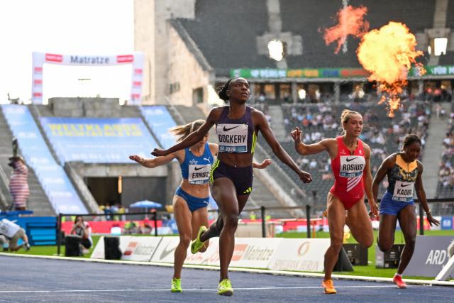 30 August 2026, Berlin: Jamaica's Sabrina Dockery after crosses the finish line of the women's 100m race during the International Stadium Festival (ISTAF) Berlin athletic meeting at the Olympic Stadium. Photo: Elisa Schu/dpa