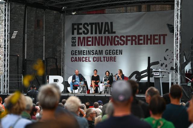30 August 2026, Saxony-Anhalt, Magdeburg: (L-R) Journalist and radio host (moderator) Dietmar Ringel, Alliance Sahra Wagenknecht (BSW) leader Sahra Wagenknecht, author Daniela Dahn, and BSW's lead candidate for Saxony-Anhalt Claudia Wittig attend the panel discussion "All Quiet in the East: Dictatorship of Opinion 2.0?". The BSW is hosting a "Festival of Free Speech - Together Against Cancel Culture" at Mark Fortress. Photo: Heiko Rebsch/dpa