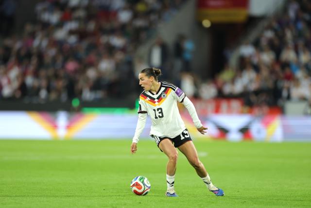 GRAPHICS - 05 June 2026, North Rhine-Westphalia, Cologne: FILE PHOTO - Germany's Carlotta Wamser in action during the UEFA Women's Euro Qualifiying soccer match between Germany and Norway at the RheinEnergieStadion. Manchester City announced on Monday a record-breaking signing of German international defender Carlotta Wamser from Bayer Leverkusen on a four-year contract. Photo: Rolf Vennenbernd/dpa