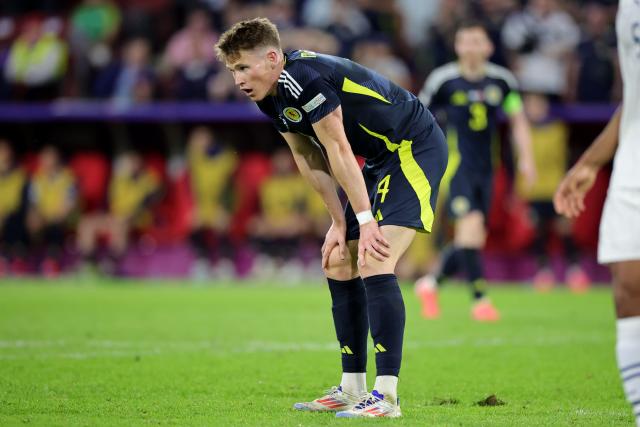 FILED - 19 June 2024, North Rhine-Westphalia, Cologne: FILE PHOTO - Scotland's Scott McTominay reacts during the UEFA Euro 2024 Group A soccer match between Scotland and Switzerland at Cologne Stadium. McTominay is set to miss Scotland's upcoming matches after undergoing minor heart surgery. Photo: Rolf Vennenbernd/dpa