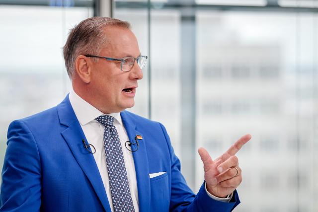 01 September 2026, Berlin: Tino Chrupalla, Chairman and parliamentary group leader of the Alternative for Germany (AfD), speaks during the summer interview by broadcaster Sat.1. Photo: Kay Nietfeld/dpa