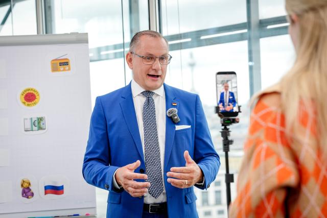 01 September 2026, Berlin: Tino Chrupalla, Chairman and parliamentary group leader of the Alternative for Germany (AfD), speaks during the summer interview by broadcaster Sat.1. Photo: Kay Nietfeld/dpa
