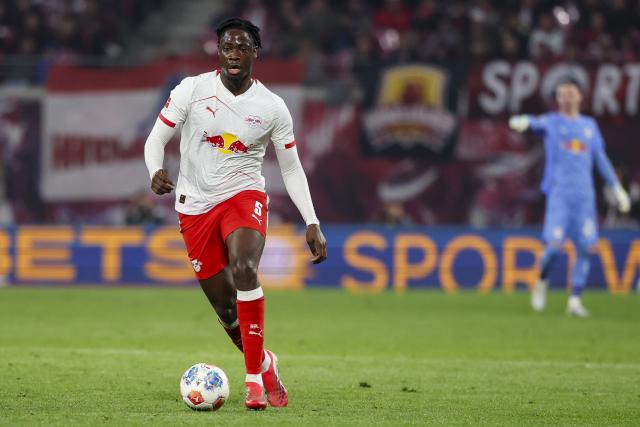FILED - 24 April 2026, Saxony, Leipzig: File Photo - RB Leipzig's El Chadaille Bitshiabu  in action during German Bundesliga soccer match between RB Leipzig and 1. FC Union Berlin at Red Bull Arena. Photo: Jan Woitas/dpa - IMPORTANT NOTE: In accordance with the regulations of the DFL German Football League and the DFB German Football Association, it is prohibited to utilize or have utilized photographs taken in the stadium and/or of the match in the form of sequential images and/or video-like photo series.
