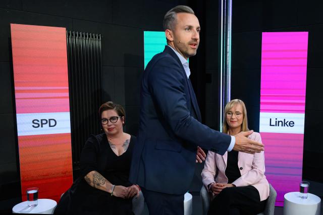 02 September 2026, Saxony-Anhalt, Halle (Saale): (L-R)Susan Sziborra-Seidlitz (Alliance 90/The Greens), Ulrich Siegmund (AfD), and Eva von Angern (The Left) in front of the election debate hosted by Radio Brocken, RTL, and ntv, featuring the leading candidates for the state legislative election. A new state parliament will be elected in Saxony-Anhalt on September 6. Photo: Hendrik Schmidt/dpa