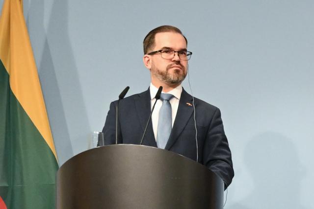 FILED - 26 January 2026, Berlin: FILE PHOTO - Lithuanian Minister of Defense Robertas Kaunas attends a press conference in Berlin. Photo: Britta Pedersen/dpa