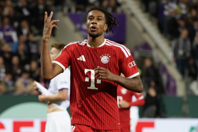 02 September 2026, Lower Saxony, Osnabrueck: Bayern Munich's Michael Olise celebrates scoring his side's third goal during the German Cup (DFB Pokal) first round soccer match between VfL Osnabrueck and FC Bayern Munich at the Stadion an der Bremer Bruecke. Photo: David Ebener/dpa - IMPORTANT NOTICE: Bundesliga and DFB regulations prohibit any use of photographs as image sequences and/or quasi-video.