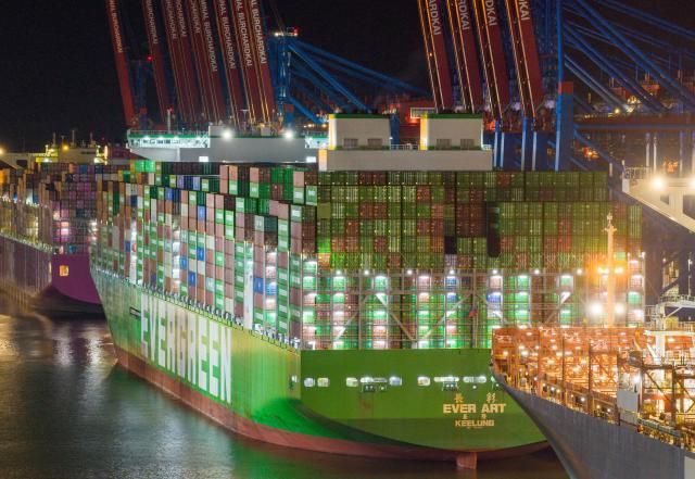 02 September 2026, Hamburg: Container ships are moored next to container gantry cranes that have been raised during a warning strike at the Burchardkai Container Terminal (CTB). A 48-hour warning strike announced by Verdi began overnight at the Port of Hamburg. The strike stems from collective bargaining negotiations between the union and the Central Association of German Seaports (ZDS). Verdi has also called for warning strikes at other seaports. Photo: Bodo Marks/dpa