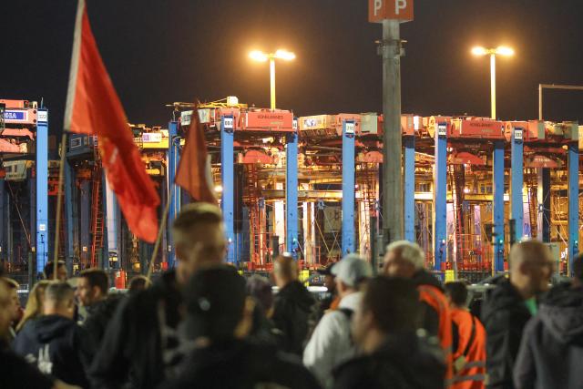 02 September 2026, Hamburg: Container ships are moored next to container gantry cranes that have been raised during a warning strike at the Burchardkai Container Terminal (CTB). A 48-hour warning strike announced by Verdi began overnight at the Port of Hamburg. The strike stems from collective bargaining negotiations between the union and the Central Association of German Seaports (ZDS). Verdi has also called for warning strikes at other seaports. Photo: Bodo Marks/dpa
