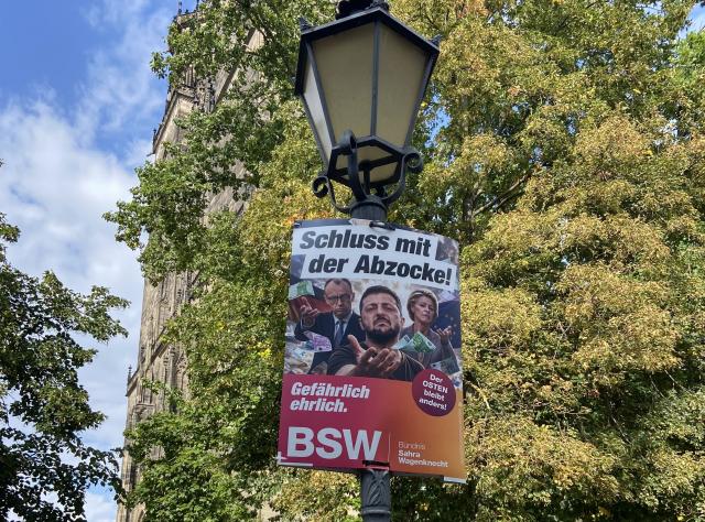 02 September 2026, Magdeburg: An election poster for the populist Sahra Wagenknecht Alliance (BSW), which opposes aid to Ukraine is pictured in front of Magedburg Cathedral ahead of the upocoming state elections. Ukrainians living in Saxony-Anhalt have expressed rising concern over the regional growth of the Alternative for Germany (AfD) party ahead of the state's upcoming parliamentary elections on September 6, 2026. Photo: Tom Tutton/dpa