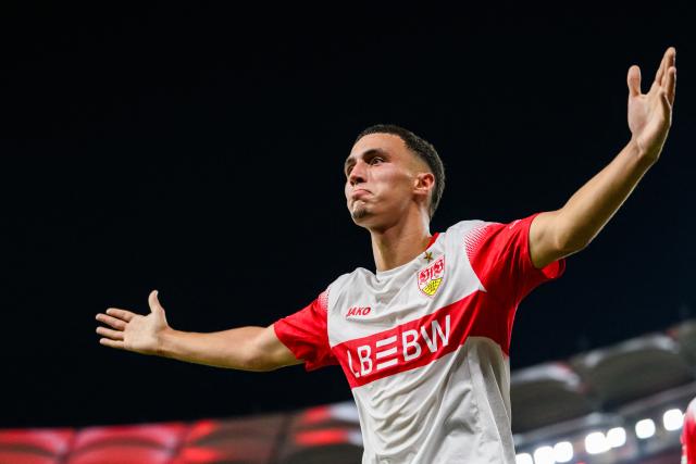 04 September 2026, Baden-Wuerttemberg, Stuttgart: Stuttgart's Bilal El Khannouss celebrates scoring his side's opening goal during the German Bundesliga soccer match between VfB Stuttgart and 1. FC Koeln, at MHPArena. Photo: Tom Weller/dpa - IMPORTANT NOTICE: In accordance with the regulations of the Bundesliga and the DFB (German Football Association), it is prohibited to use or allow the use of photographs taken in the stadium and/or during the game in the form of sequential images and/or video-like photo series.