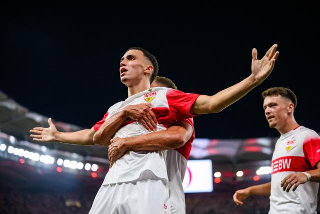 04 September 2026, Baden-Wuerttemberg, Stuttgart: Stuttgart's Bilal El Khannouss celebrates scoring his side's opening goal during the German Bundesliga soccer match between VfB Stuttgart and 1. FC Koeln, at MHPArena. Photo: Tom Weller/dpa - IMPORTANT NOTICE: In accordance with the regulations of the Bundesliga and the DFB (German Football Association), it is prohibited to use or allow the use of photographs taken in the stadium and/or during the game in the form of sequential images and/or video-like photo series.