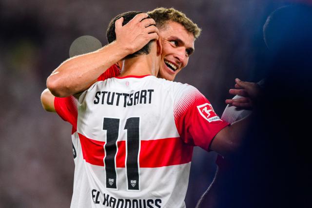 04 September 2026, Baden-Wuerttemberg, Stuttgart: Stuttgart's Grischa Proemel (back) celebrates scoring his side's second goal with teammate Bilal El Khannouss, during the German Bundesliga soccer match between VfB Stuttgart and 1. FC Koeln, at MHPArena. Photo: Tom Weller/dpa - IMPORTANT NOTICE: In accordance with the regulations of the Bundesliga and the DFB (German Football Association), it is prohibited to use or allow the use of photographs taken in the stadium and/or during the game in the form of sequential images and/or video-like photo series.