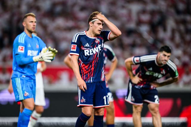 04 September 2026, Baden-Wuerttemberg, Stuttgart: (L-R) Cologne goalkeeper Marvin Schwaebe, Alessio Castro-Montes, and Luka Lochoshvili react after the final whistle, during the German Bundesliga soccer match between VfB Stuttgart and 1. FC Koeln, at MHPArena. Photo: Tom Weller/dpa - IMPORTANT NOTICE: In accordance with the regulations of the Bundesliga and the DFB (German Football Association), it is prohibited to use or allow the use of photographs taken in the stadium and/or during the game in the form of sequential images and/or video-like photo series.