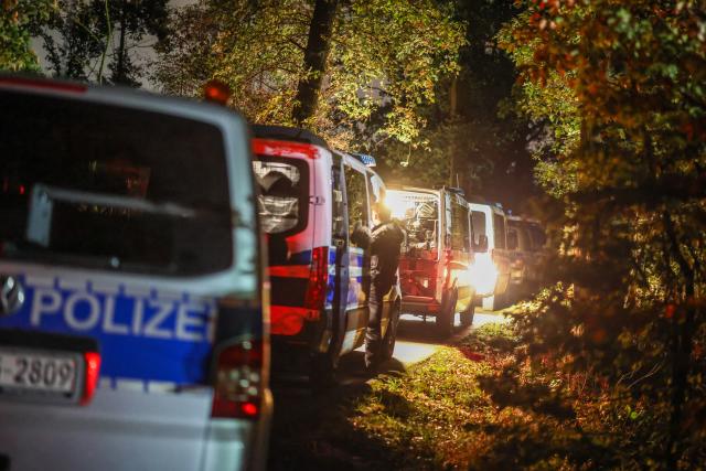 04 September 2026, North Rhine-Westphalia, Niederzier: Vehicles belonging to a police riot squad are parked in a wooded area near the suspect's truck, which was found there. According to NRW Interior Minister Reul, police raided the suspect's vehicle in connection with several acts of sabotage against the German power grid. Photo: Christoph Reichwein/dpa