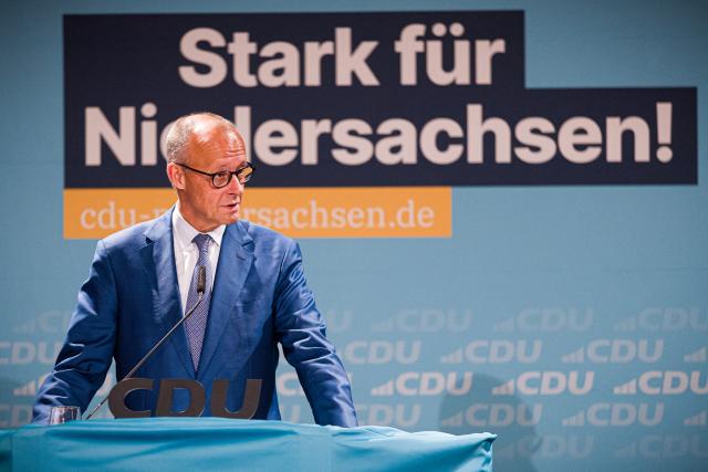 05 September 2026, Lower Saxony, Langenhagen: Chancellor Friedrich Merz  speaks at an event organized by the Christian Democratic Union (CDU) in Lower Saxony. Photo: Moritz Frankenberg/dpa