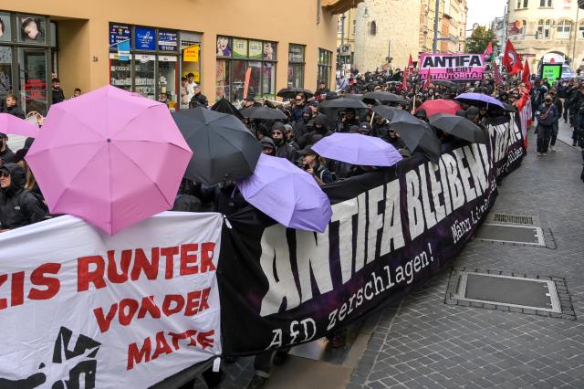 05 September 2026, Saxony-Anhalt, Halle / Saale: People take part in a nationwide Antifa demonstration taking place on the eve of the 2026 Saxony-Anhalt state election. Photo: Heiko Rebsch/dpa