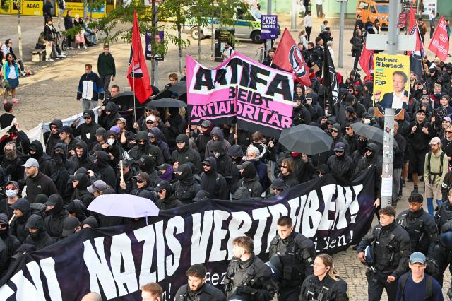 05 September 2026, Saxony-Anhalt, Halle / Saale: People take part in a nationwide Antifa demonstration taking place on the eve of the 2026 Saxony-Anhalt state election. Photo: Heiko Rebsch/dpa