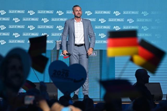 05 September 2026, Saxony-Anhalt, Magdeburg: Ulrich Siegmund, lead candidate and co-chair of the Alternative for Germany (AfD) parliamentary group in Saxony-Anhalt state, stands on stage at the AfD's campaign wrap-up event at the AMO Culture and Convention Center. Photo: Michael Brandt/dpa